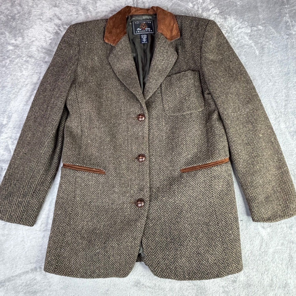 Vtg Limited Blazer Mens S 36R Brown Herringbone Wool Blend Suede Tweed‎ Jacket - Picture 2 of 11